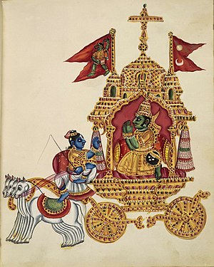 An 1830 CE painting depicting Arjuna, on the chariot, paying obeisance to Lord Krisha, the charioteer.